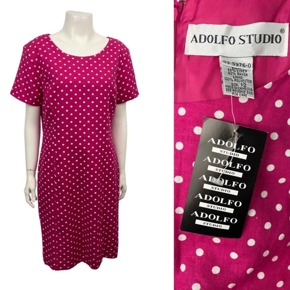Deadstock Vintage Barbie Pink Polka Dot Linen Short Dress / Size 12 - Picture 1 of 4